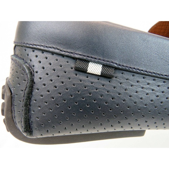 BALLY PIRAS NAVY BLUE PERFORATED LEATHER WEB LOGO LOAFERS  display picture 1